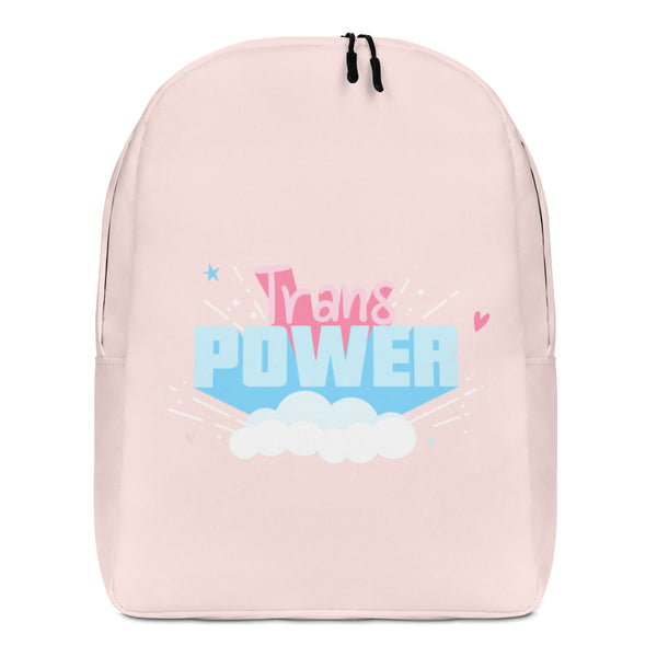 Front view of a pale pink backpack reading “Trans POWER” above clouds and stars