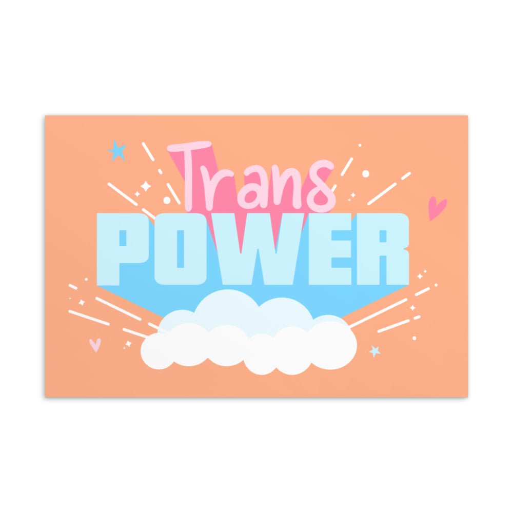 Peach postcard reading “TRANS POWER” in pink and blue above white clouds and stars
