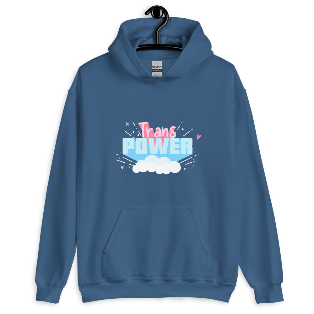 Front view of a blue hoodie on a hanger with a colorful “Trans Power” graphic