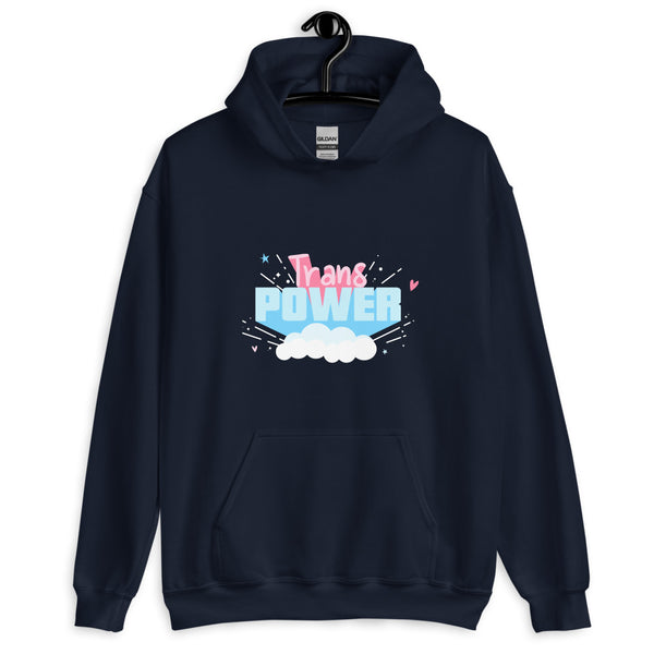 Front view of a navy hoodie with a colorful “Trans Power” graphic and kangaroo pocket