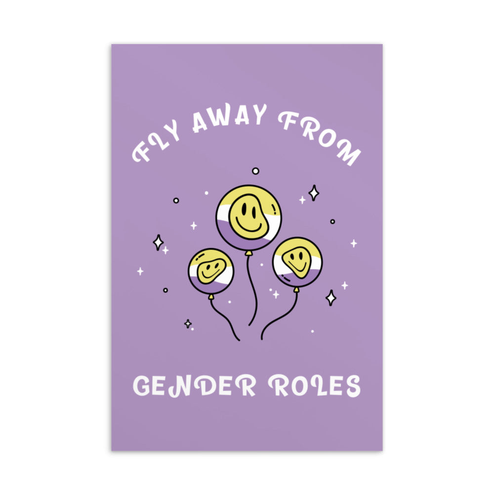 Lavender postcard reading “FLY AWAY FROM GENDER ROLES,” with three smiling balloon illustrations