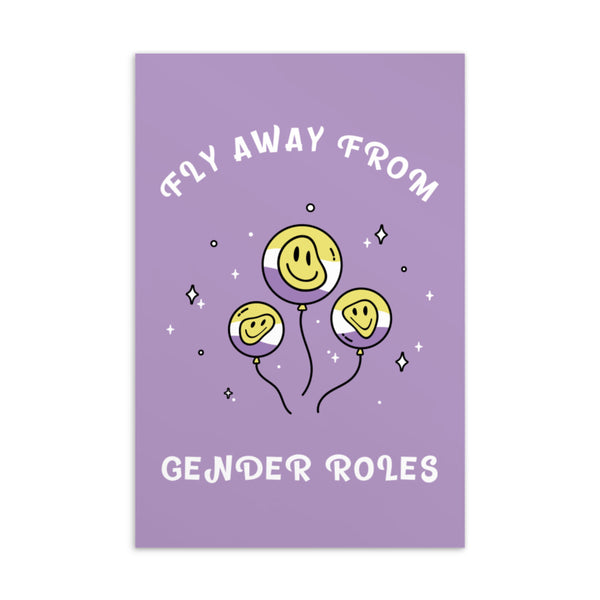 Lavender postcard reading “FLY AWAY FROM GENDER ROLES,” with three smiling balloon illustrations