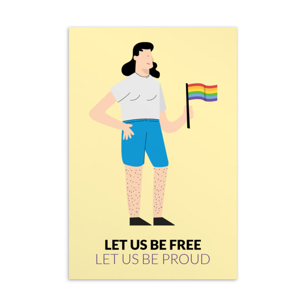 Pride postcard with illustrated person holding a rainbow flag and “LET US BE FREE LET US BE PROUD” text