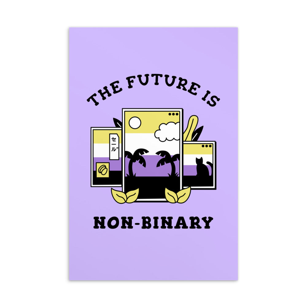 Non-binary postcard with “THE FUTURE IS NON-BINARY” text and purple illustrated computer windows