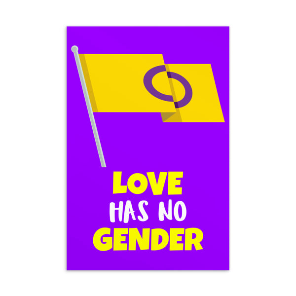 Purple postcard with yellow flag illustration and the message “LOVE HAS NO GENDER”
