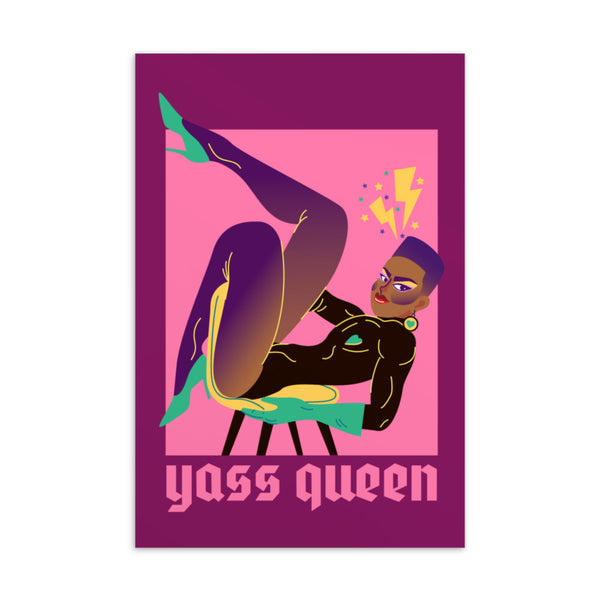 Close-up of a colorful postcard illustration reading “Yasss Queen,” with a glamorous figure in a dramatic pose