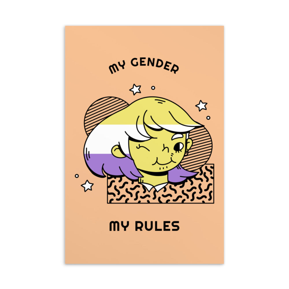 Peach “MY GENDER MY RULES” postcard with a colorful illustrated character and stars