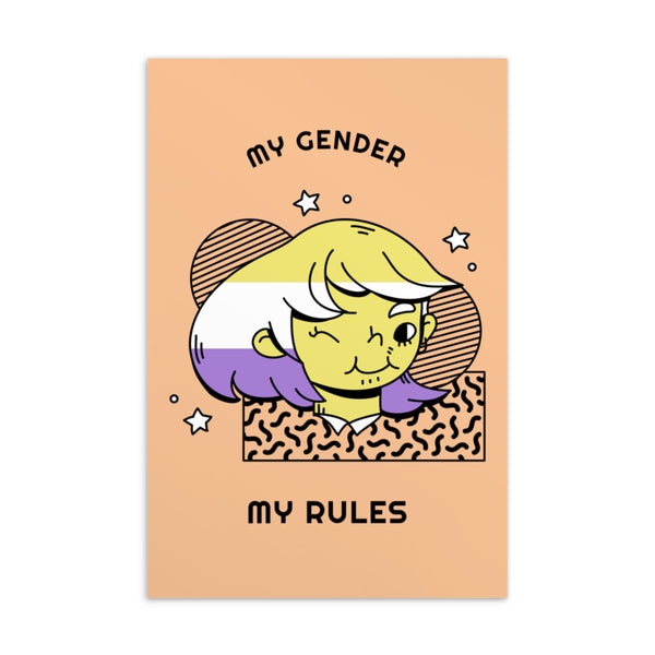 Peach “MY GENDER MY RULES” postcard with a colorful illustrated character and stars