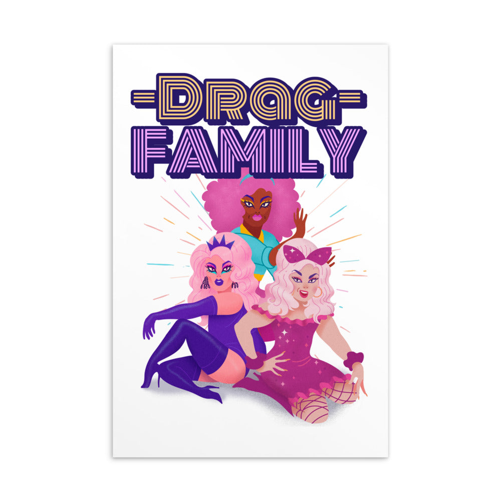 Close-up of a drag family postcard featuring three colorful drag performers and “DRAG FAMILY” lettering
