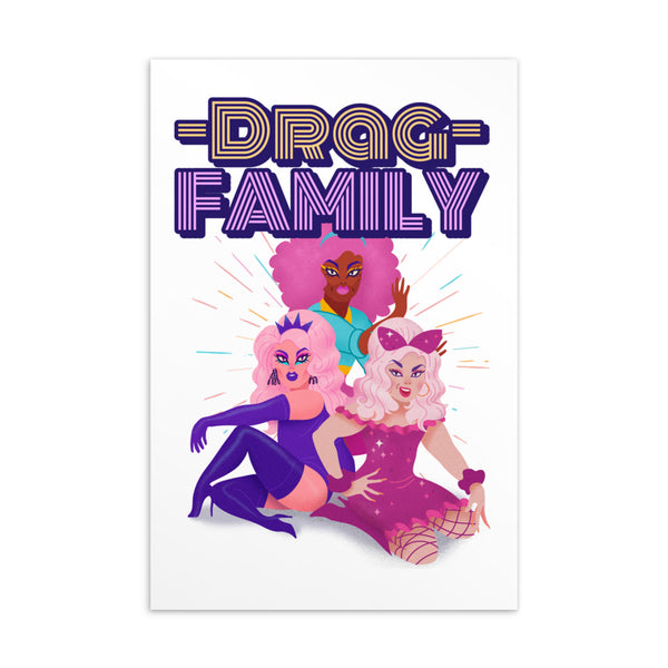 Close-up of a drag family postcard featuring three colorful drag performers and “DRAG FAMILY” lettering