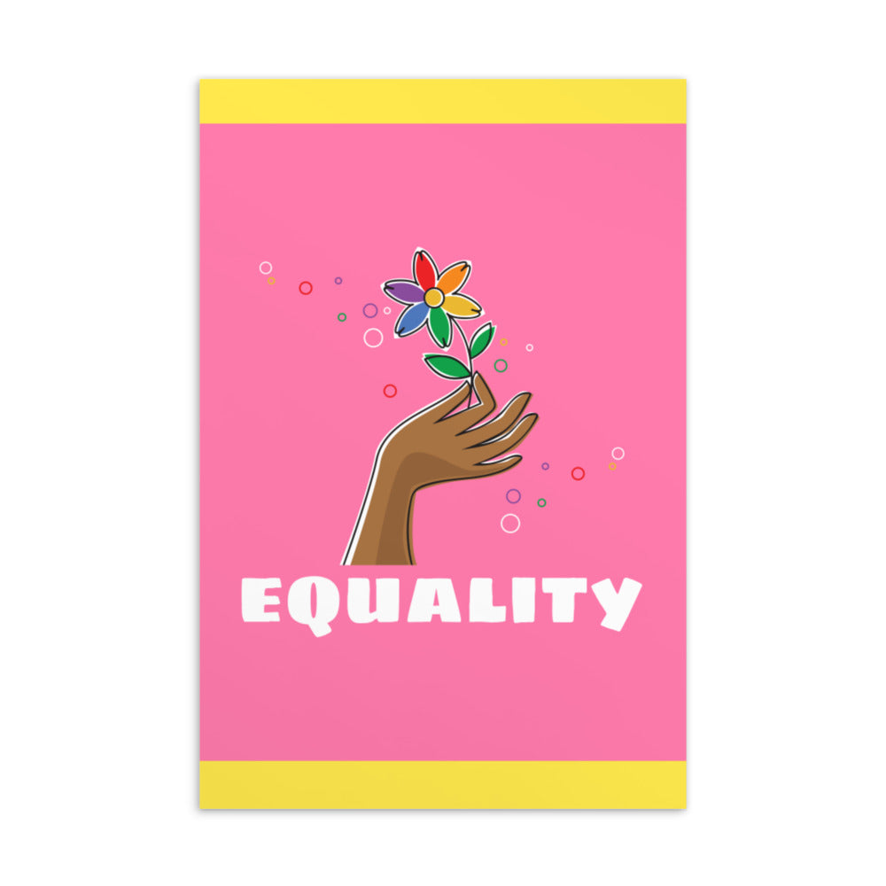 Equality postcard with a colorful flower held by a hand on a pink and yellow background