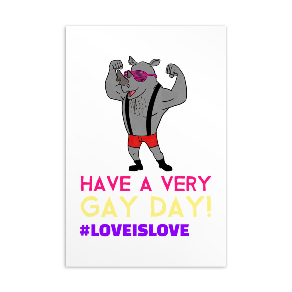 Postcard reading “Have a Very Gay Day! #LoveIsLove,” with a muscular gray cartoon dog in pink sunglasses