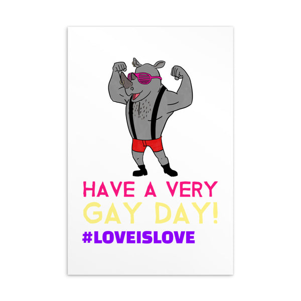 Postcard reading “Have a Very Gay Day! #LoveIsLove,” with a muscular gray cartoon dog in pink sunglasses