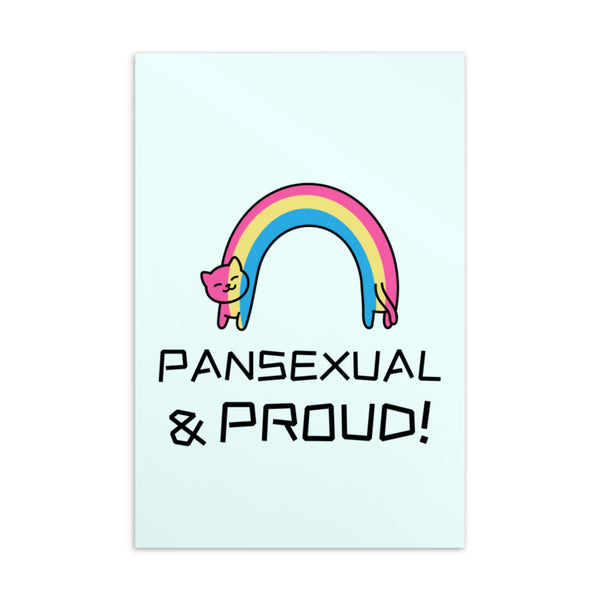 Pansexual pride postcard with a pink, yellow, and blue rainbow cat and “PANSEXUAL & PROUD!” lettering