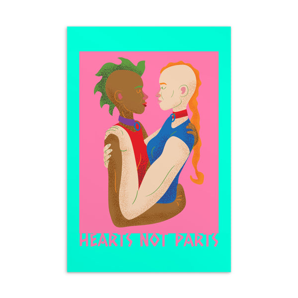 “Hearts Not Parts” postcard showing two lovers embracing against a pink and turquoise background