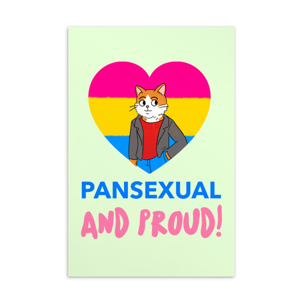 Pansexual pride postcard reading “PANSEXUAL AND PROUD!” with a cat in a pride-flag heart