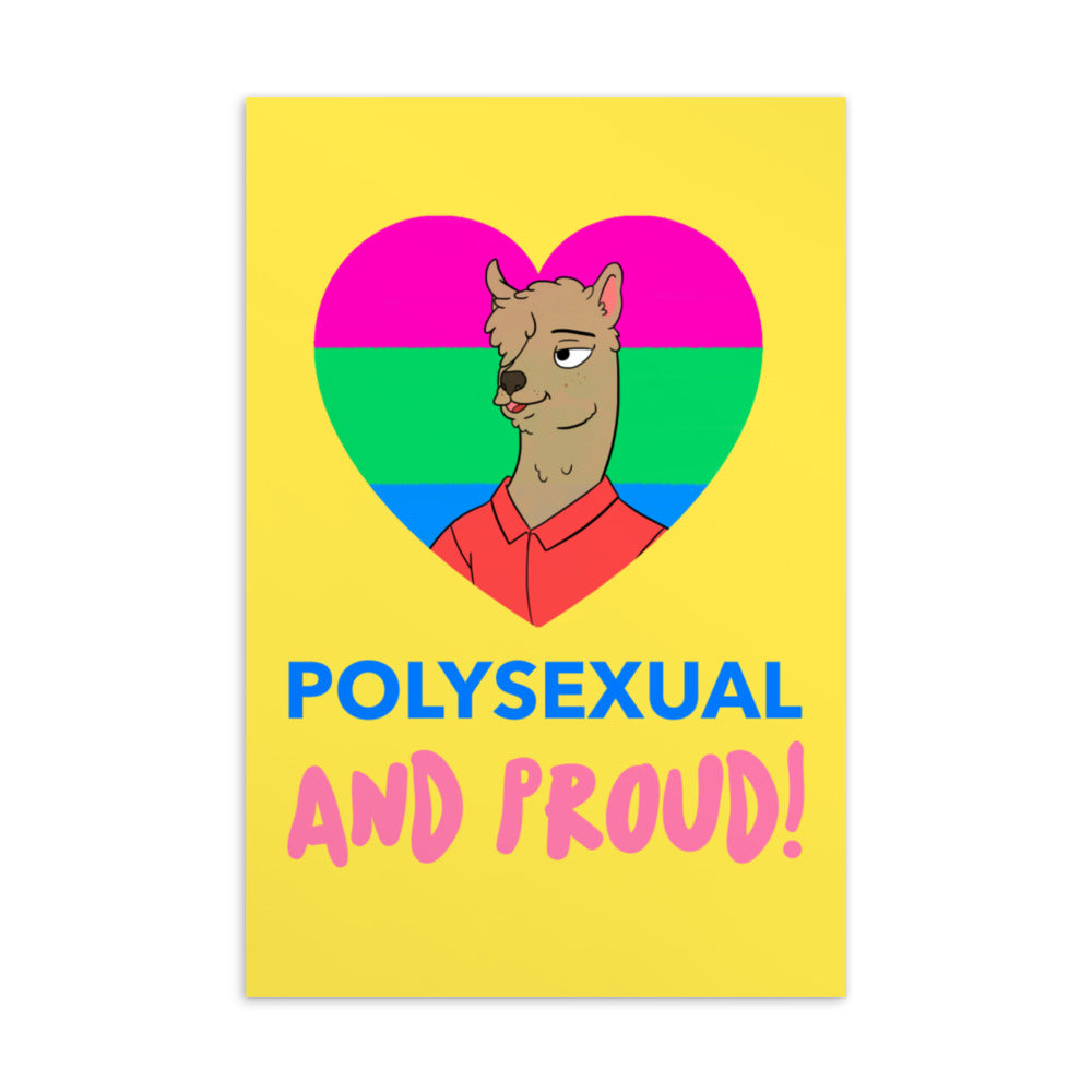 Polysexual pride postcard with a llama in a heart and “POLYSEXUAL AND PROUD!” text