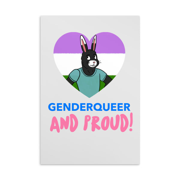 Genderqueer pride postcard with a cartoon rabbit in a purple, white and green heart