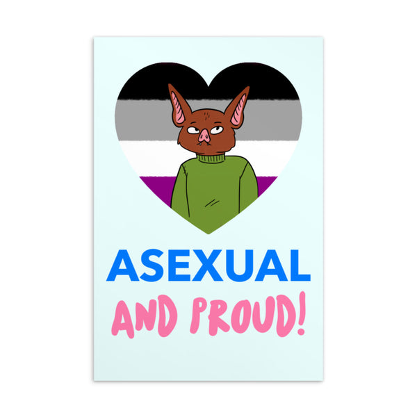 Asexual pride postcard with a cartoon bat in an ace-flag heart and “ASEXUAL AND PROUD!” text
