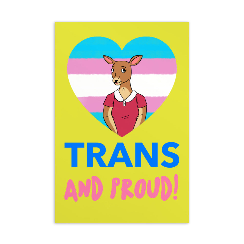 Trans and Proud postcard with a kangaroo illustration inside a trans pride heart