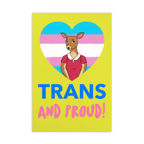 Trans and Proud postcard with a kangaroo illustration inside a trans pride heart