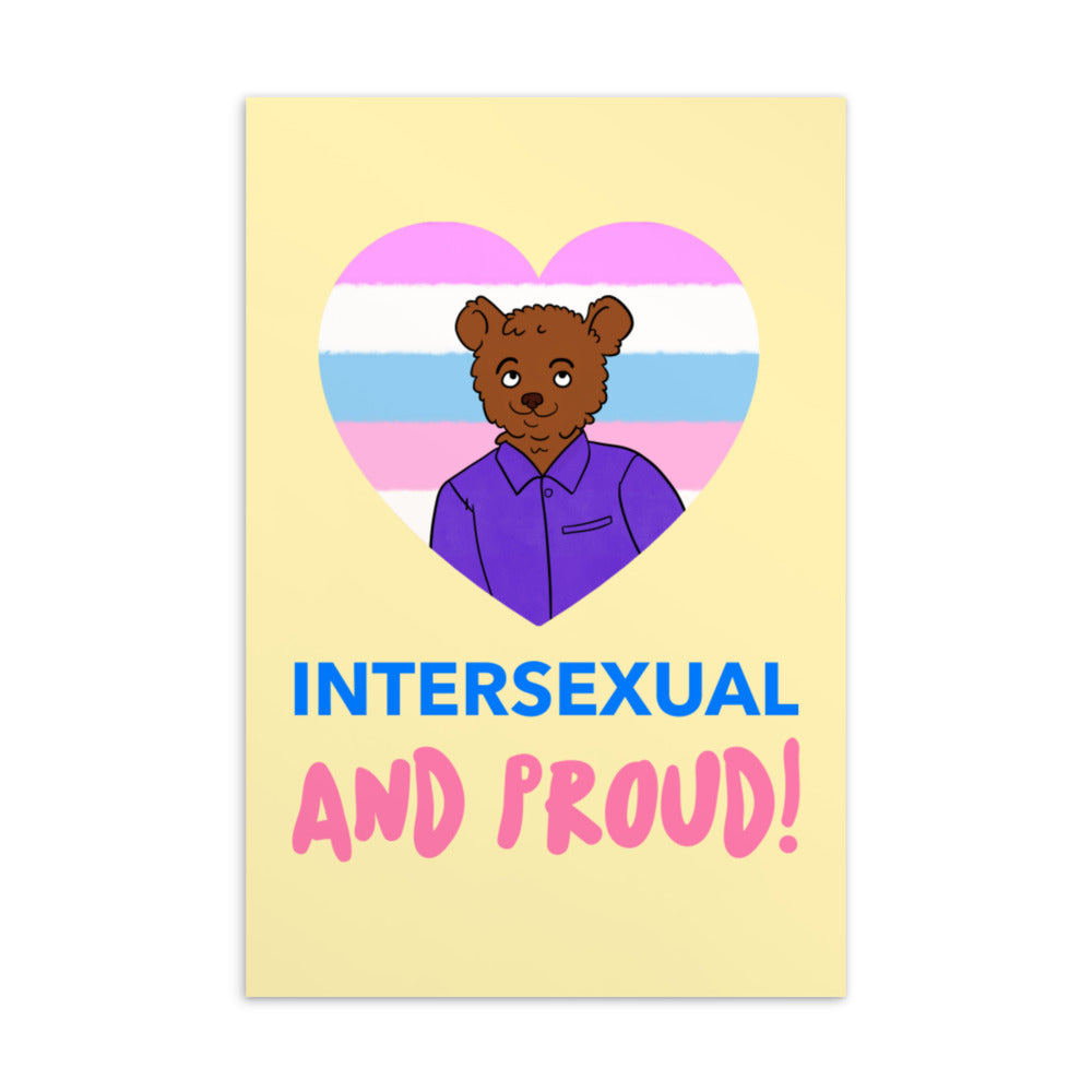 Intersex pride postcard featuring a bear in a heart and “INTERSEXUAL AND PROUD!” lettering