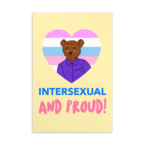 Intersex pride postcard featuring a bear in a heart and “INTERSEXUAL AND PROUD!” lettering