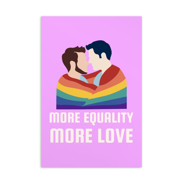 Postcard with two people kissing beneath a rainbow flag and “MORE EQUALITY MORE LOVE” slogan