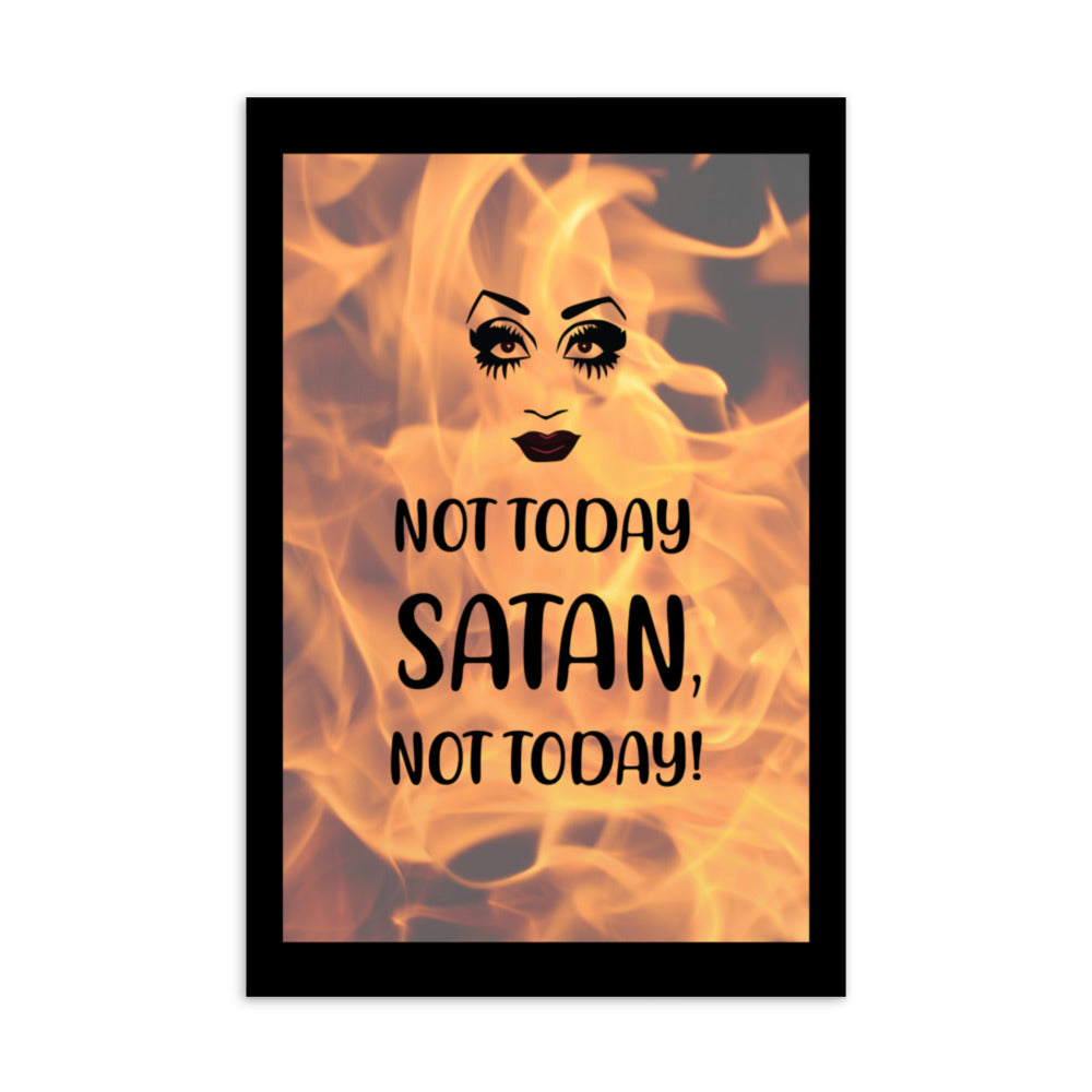 Postcard with a stylized face, flames, and the slogan “NOT TODAY SATAN, NOT TODAY!”