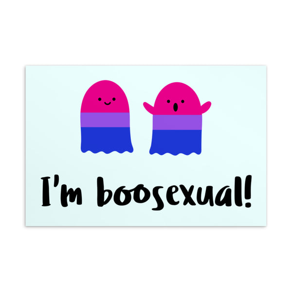 Boosexual postcard with two pink, purple, and blue cartoon ghosts and “I’m boosexual!” text