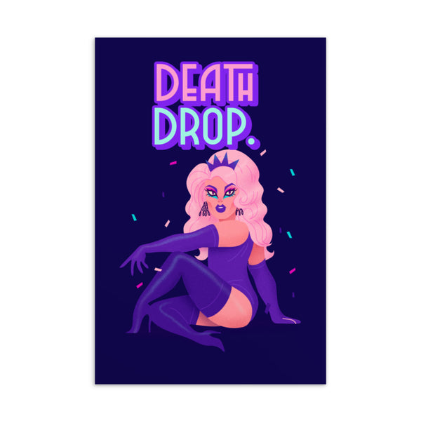 Death Drop postcard with pink-haired drag performer in purple boots and gloves