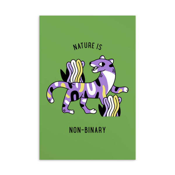 non binary kleidung: Nature Is Non-Binary postcard featuring a jaguar with non-binary flag stripes on green
