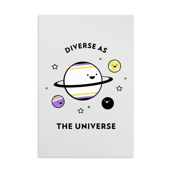 Postcard reading “DIVERSE AS THE UNIVERSE” with smiling planets in nonbinary flag colors