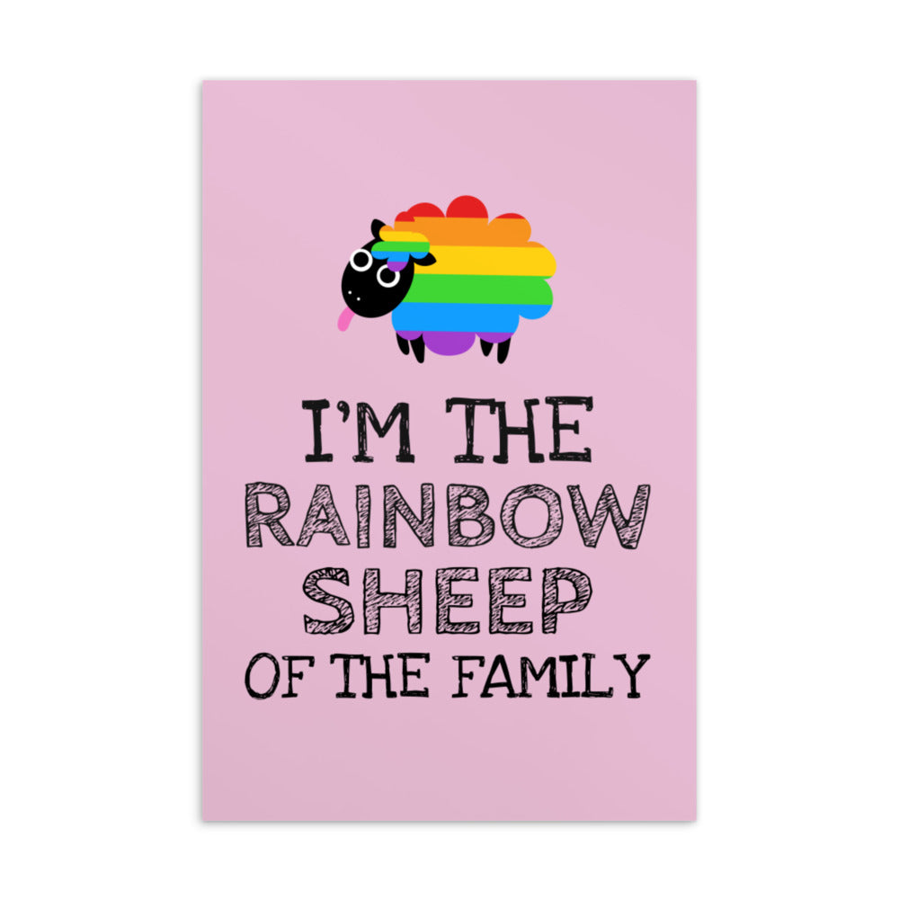 Pink postcard with a rainbow-striped sheep and the text “I’M THE RAINBOW SHEEP OF THE FAMILY”