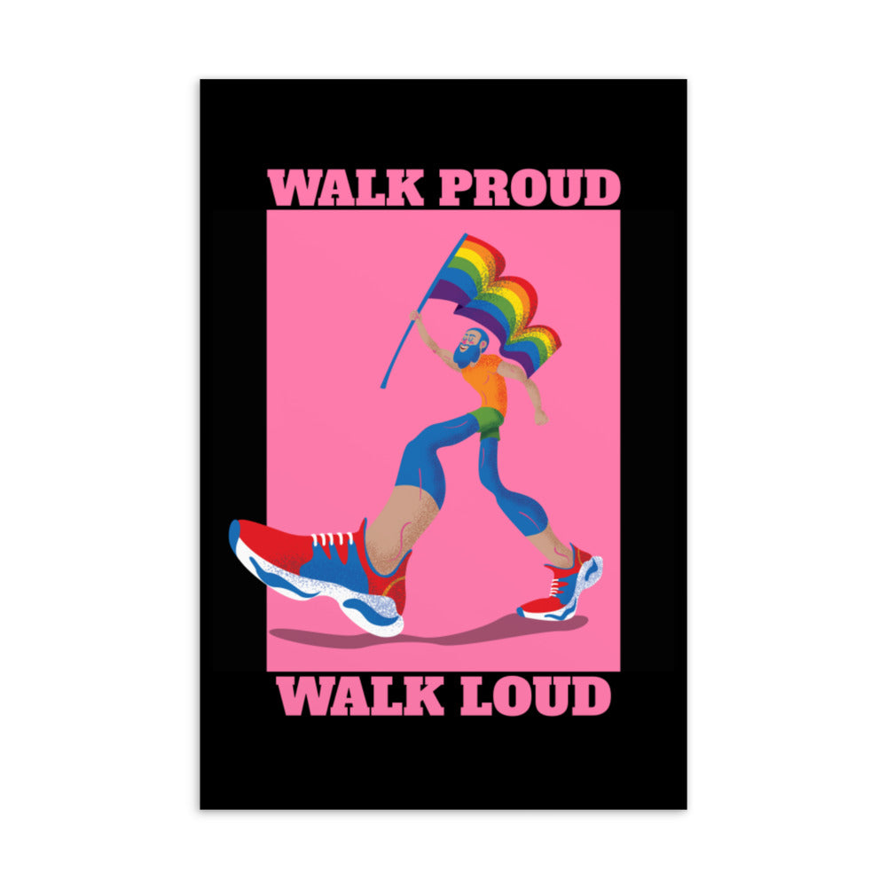 Pink "Walk Proud Walk Loud" postcard held by a short-haired person in a rainbow camo tracksuit; pride cards and plants on shelf.