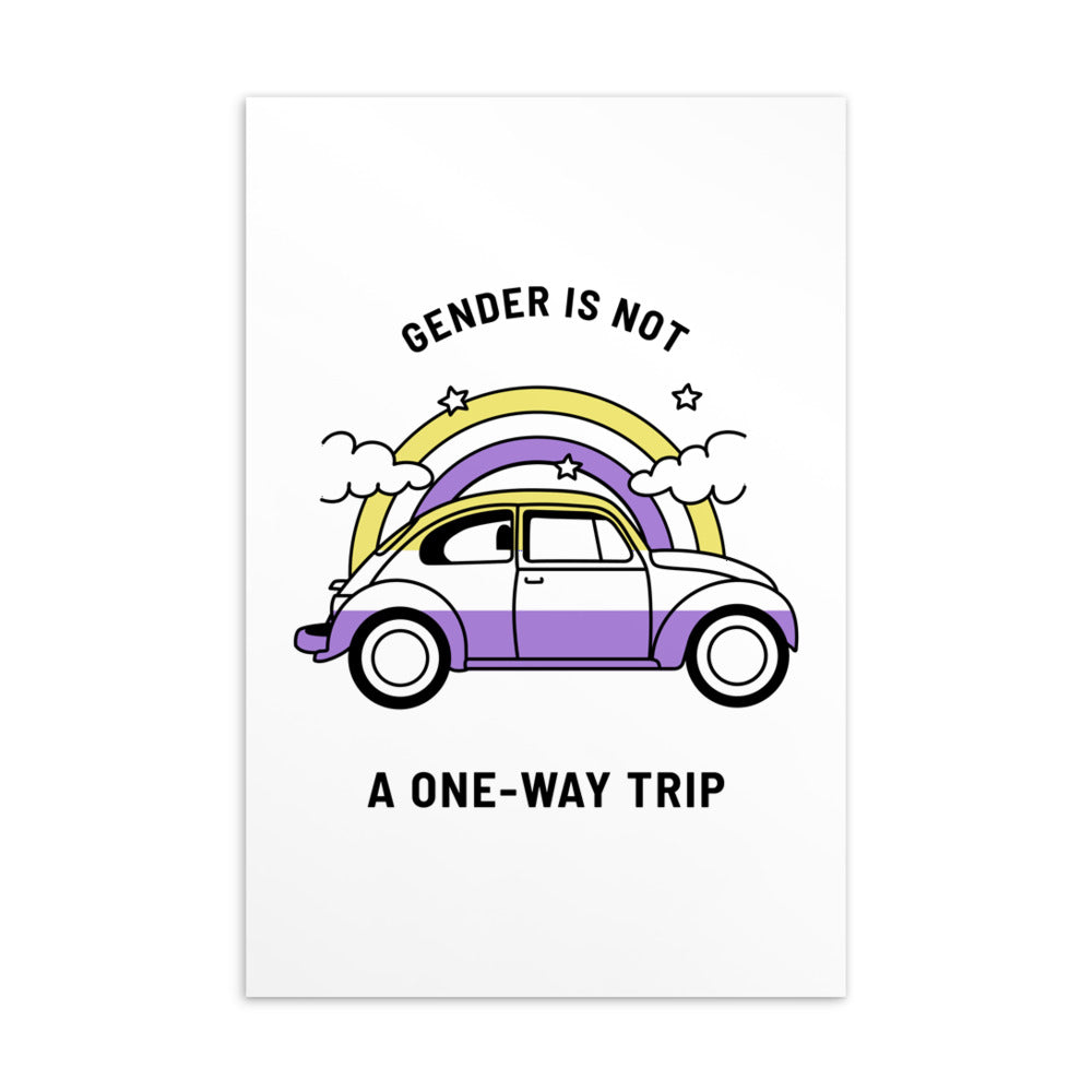 Postcard reading “GENDER IS NOT A ONE-WAY TRIP” above a purple car, rainbow, clouds, and stars