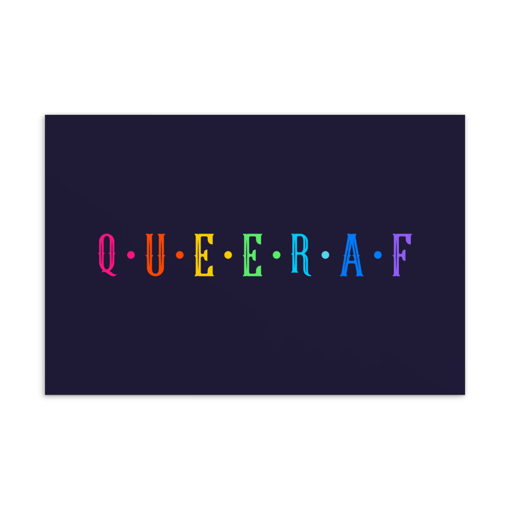 Queer AF postcard with multicolored lettering on a dark purple background