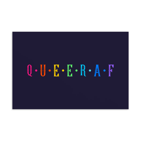 Queer AF postcard with multicolored lettering on a dark purple background