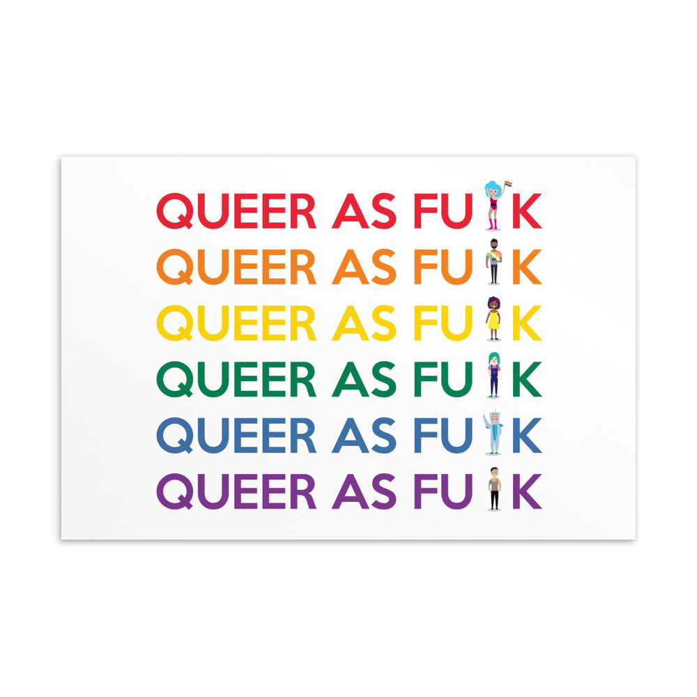 Queer As F#CK postcard with six colorful slogan rows and diverse illustrated figures
