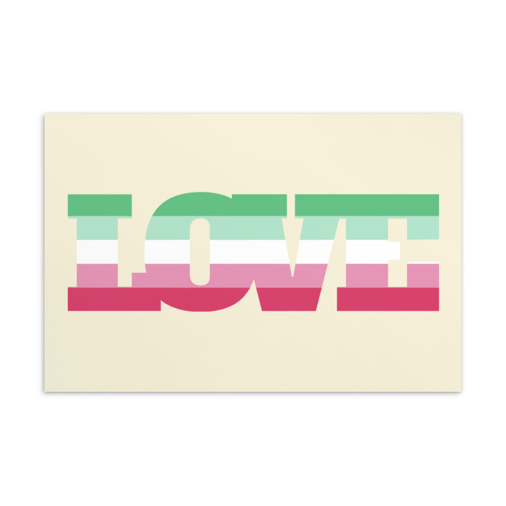 Front-facing postcard with large cream-colored letters reading “FLOW” over green, white, and pink stripes