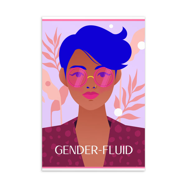 Gender-fluid postcard with a stylized person in pink glasses and bold blue hair, labeled “GENDER-FLUID.”