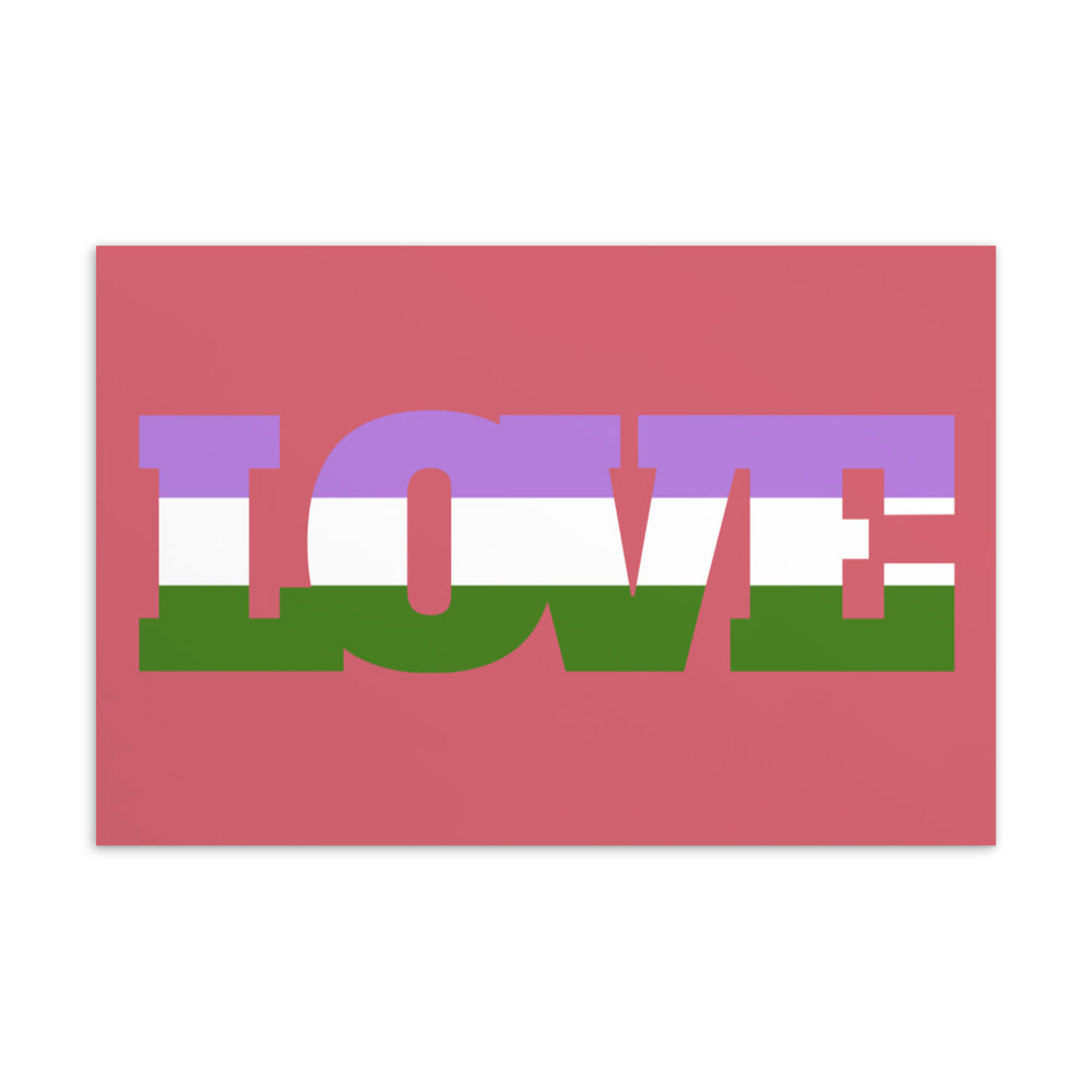 Postcard with large pink “LOVE” lettering over purple, white, and green stripes