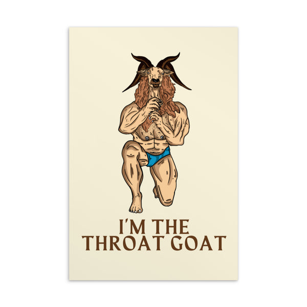 Postcard showing a muscular goat-man in blue briefs with the text “I’M THE THROAT GOAT.”