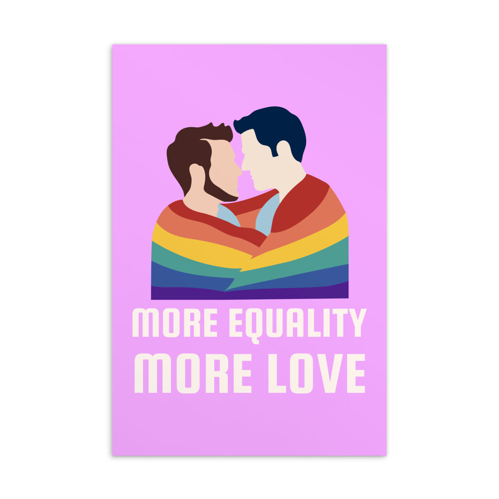 Postcard showing two men kissing above a rainbow flag and “MORE EQUALITY MORE LOVE”