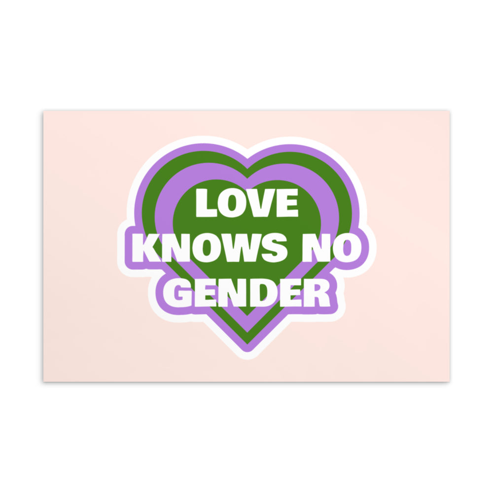 Pink postcard with a layered purple and green heart reading “LOVE KNOWS NO GENDER”