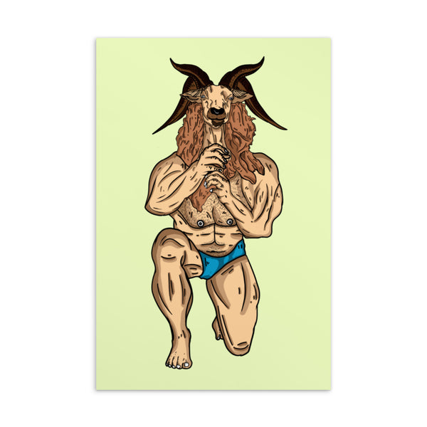 Postcard illustration of a muscular goat-man in blue briefs, covering his mouth and groin