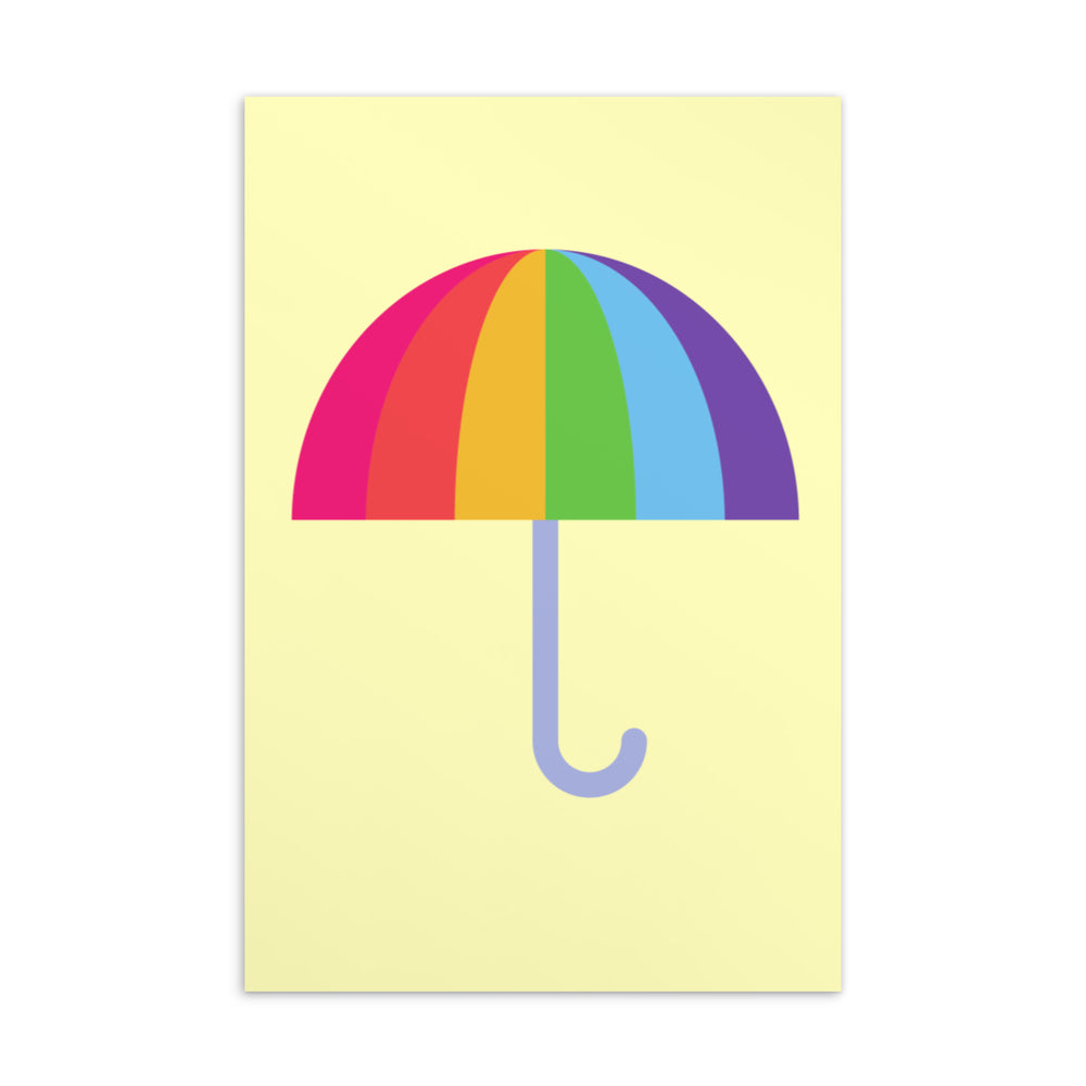 Postcard with a rainbow-striped umbrella illustration on a pale yellow background