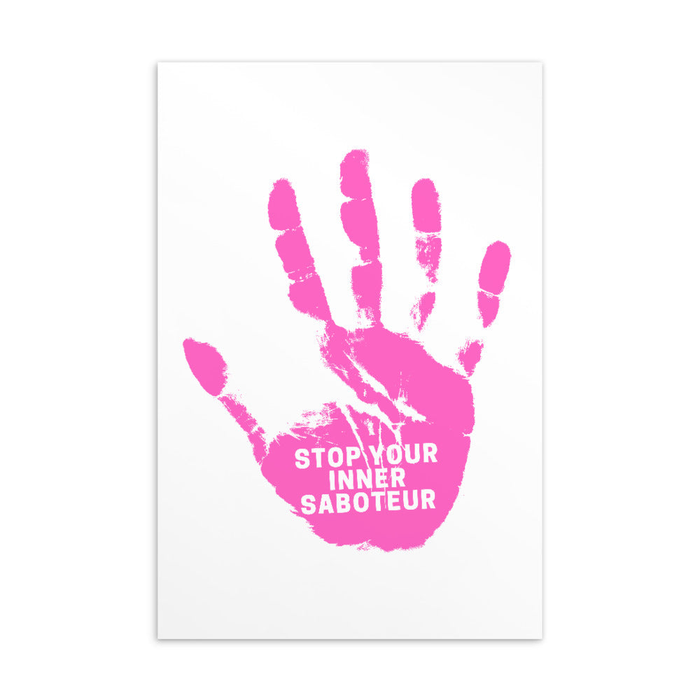 Postcard with a pink handprint graphic and the words “STOP YOUR INNER SABOTEUR”
