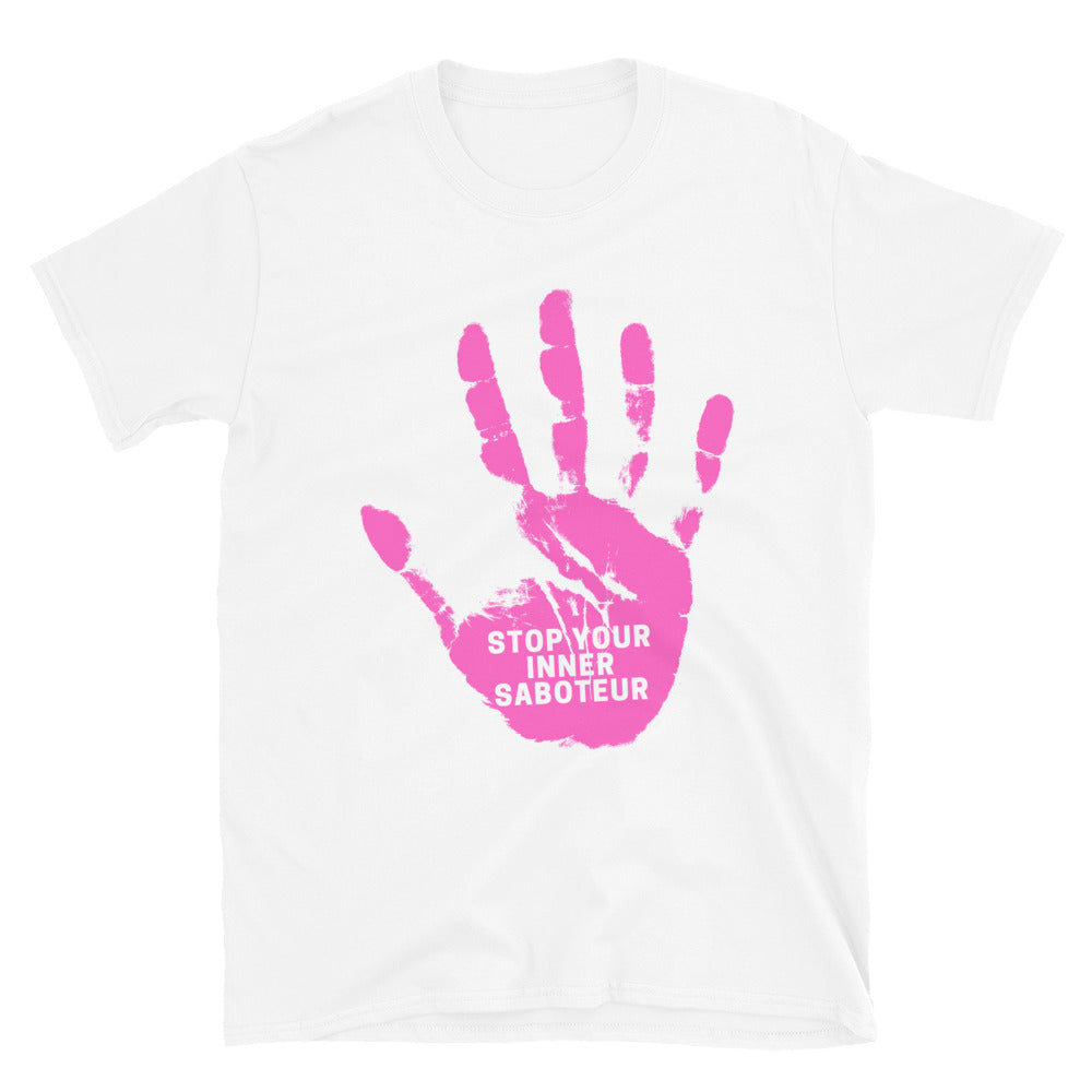 White T-shirt with a pink handprint graphic and “STOP YOUR INNER SABOTEUR” text