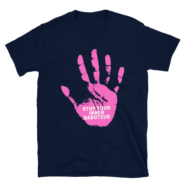 Navy T-shirt with a pink handprint graphic and “STOP YOUR INNER SABOTEUR” text
